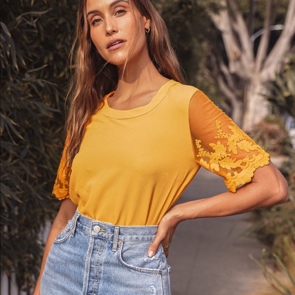 Lulus Tops - Lulus Lisa Marie Mustard Yellow Embroidered Top